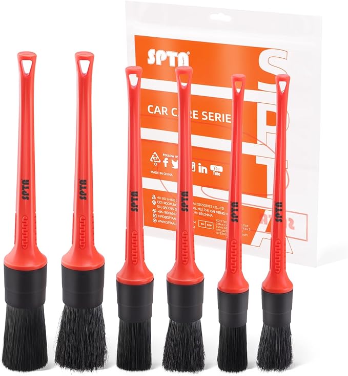 Car Detailing Brush Kit, 6Pcs Auto Boar Hair Detail Brush Set Automotive Interior Exterior No Scratch Microfiber Detailing Brushes for Cleaning Air Vents, Engine Bays, Dashboard & Wheels -BRFCD15