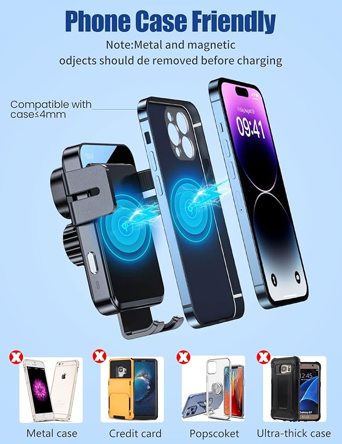 Wireless Car Charger, MOKPR 15W/10W/7.5W Cup Holder Phone Mount, Auto Clamping Fast Charging Car Mount, Air Vent Phone Holder for iPhone 16 15/14/13/12 pro/12/11/XS/X/8, Samsung S23/S22/S10/S9/S8, etc