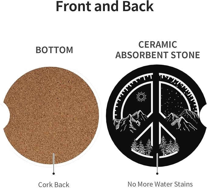 Absorbent Car Coasters for Cup Holders, 2 Pack Universal Anti Slip Ceramic Cup Coaster for Women Men 2.56 Inch Car Interior Accessories - Peace Mountain 017