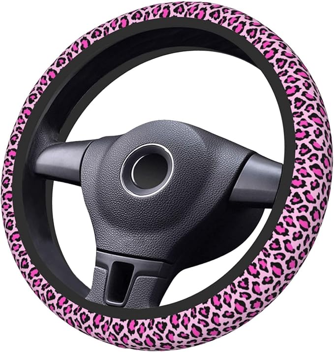 Pink Cheetah Leopard Steering Wheel Cover for Women, Anti-Slip Elastic Breathable Soft Rubber Car Steering Wheel Protective Cover, Universal 15 Inch Fit for Cars, Auto, SUVs