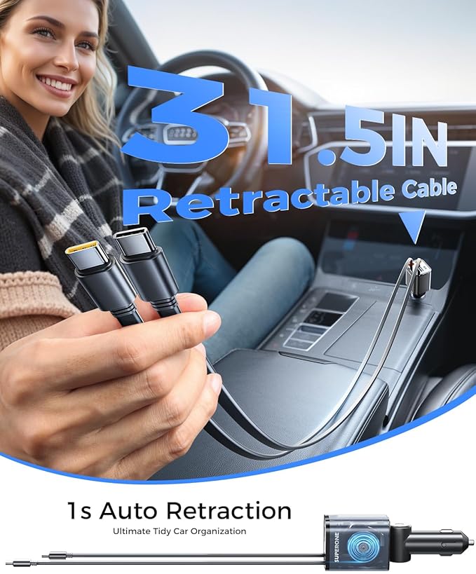 SUPERONE Retractable Car Charger, [Ultra-Compact] 6-Port Car Charger USB C, iPhone Car Chargers Fast Charging with Dual USB C Cables, Car Accessories Phone Chargers for iPhone 17/16/15/14/13/12 Series