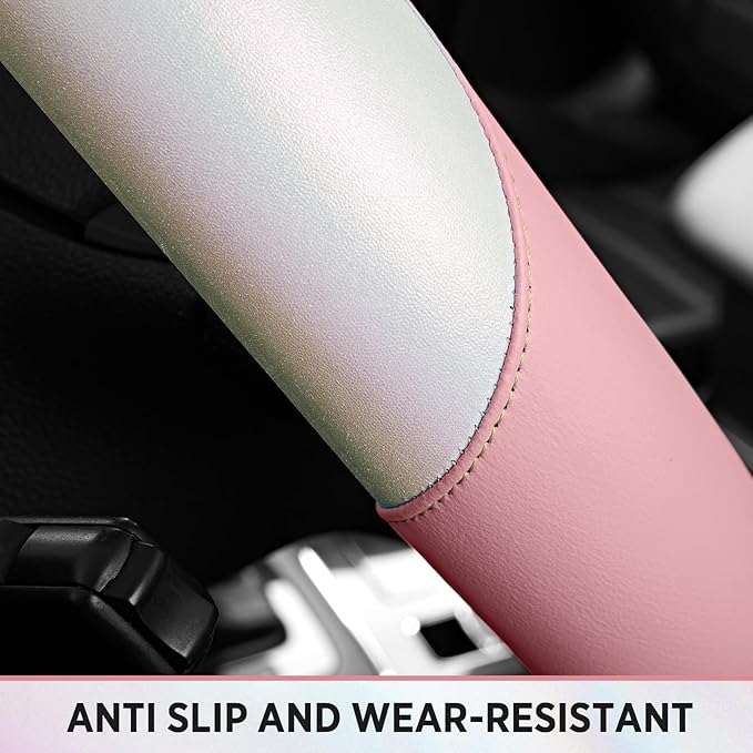Road Comforts Steering Wheel Cover – Breathable Leather Steering Wheel Cover, Anti-Slip Grip, Universal Fit 14.5” to 15”, Heat & Cold Resistant for Cars, SUVs, and Trucks –Shining White & Pink