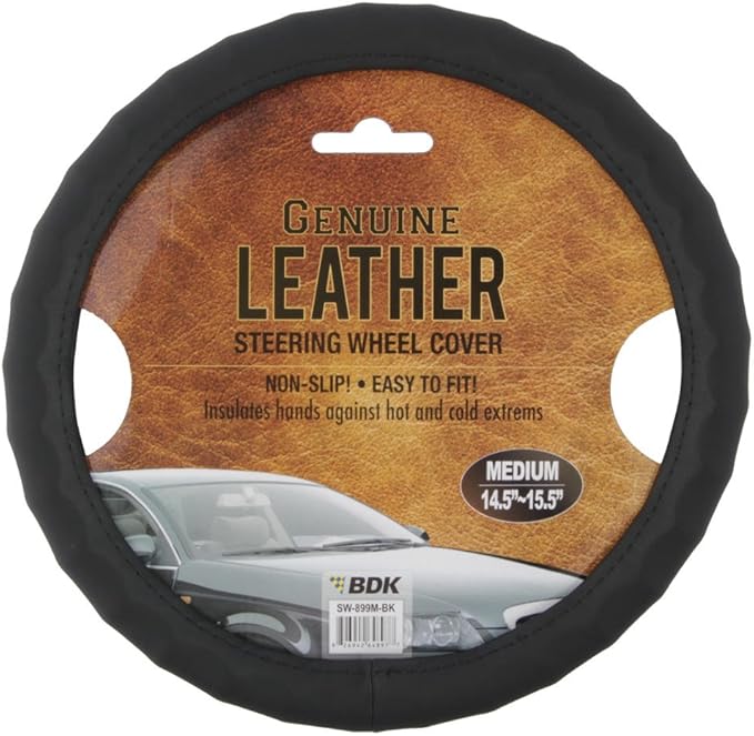 Motor Trend Ergonomic Grip Steering Wheel Cover/Protector for Small Size Steering Wheels in Cars, SUVs, Boats (13.5-14.5") (Genuine Leather (Black))