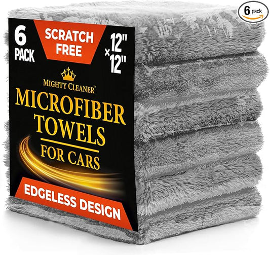 Edgeless Microfiber Towels for Cars – 6pk (12”x12”) - 540 GSM - Super Soft Detailing & Buffing – Scratch-Free & Absorbent Microfiber Cleaning Cloths for Car Polishing