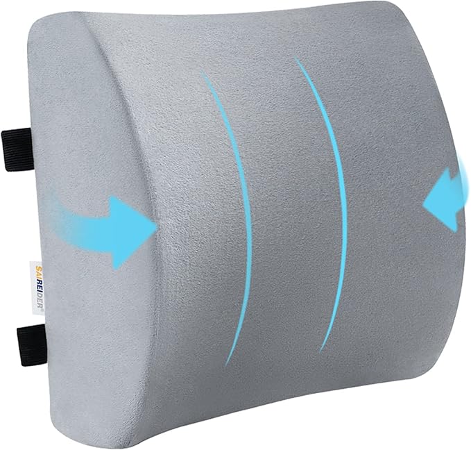 SAIREIDER Lumbar Pillow, Memory Foam Office Chair Back Support Pillows Back Pain Relief Improve Posture, Lumbar Support Pillow for Car、Gaming Chair、 Home Chair, Double Adjustable Straps(Grey)