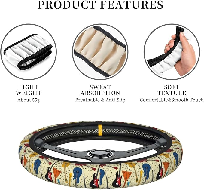 Dujiea Guitar Music Note Elastic Stretch Steering Wheel Cover, Anti-Slip and Durable Car Steering Wheel Accessories for Women Men, 15 Inch Universal Fit Car, Truck, SUV