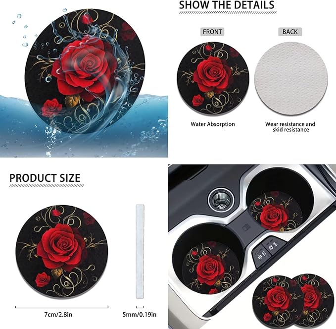 Flower Print Car Decor Set for Women Girls Red Rose Steering Wheel Cover Cup Holder Handbrake Gear Cover Car Interior Accessories -6pcs