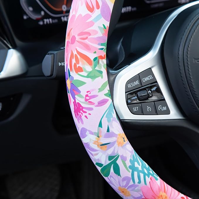 60s Multicolored Ditsy Vintage Flowers Steering Wheel Cover Auto Steering Wheel Protector, Anti-Slip, Breathable, Absorbing Sweat, Universal Car Accessories 14.5–15 inch,Fit for Most Car, Trucks, SUV