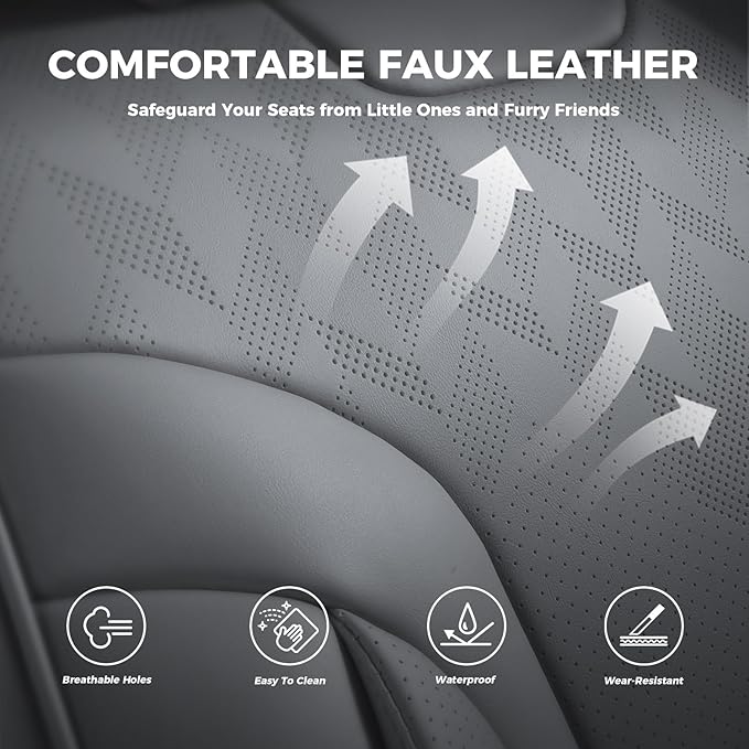Grey Car Seat Covers Full Set - Breathable Faux Leather Universal 5 Seat Covers for Cars, Automotive Protector Fit for Most Sedan SUV Pick-up Truck