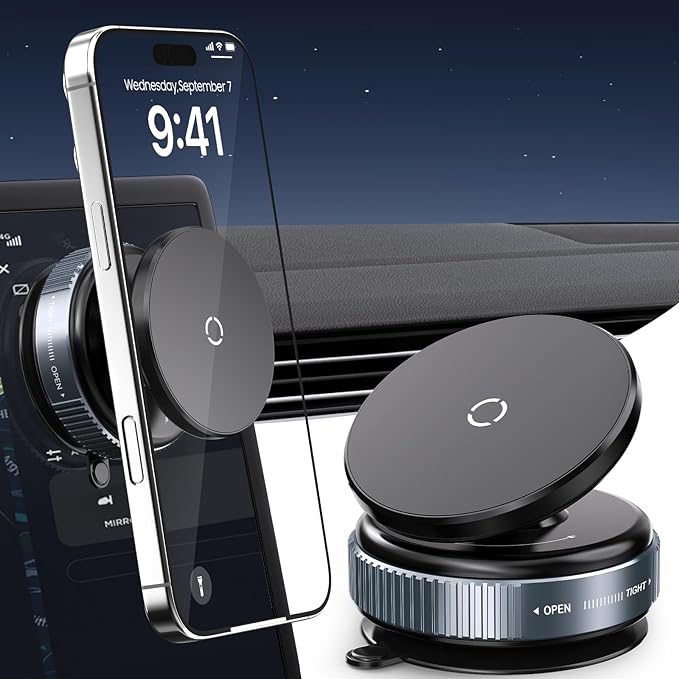 360° Rotatable Vacuum Magnetic Phone Holder, Adjustable Hands-Free Suction Cup Car Phone Mount for Car/Gym/Mirror/Smooth Surface, Compatible with iPhone Android and All Smartphones