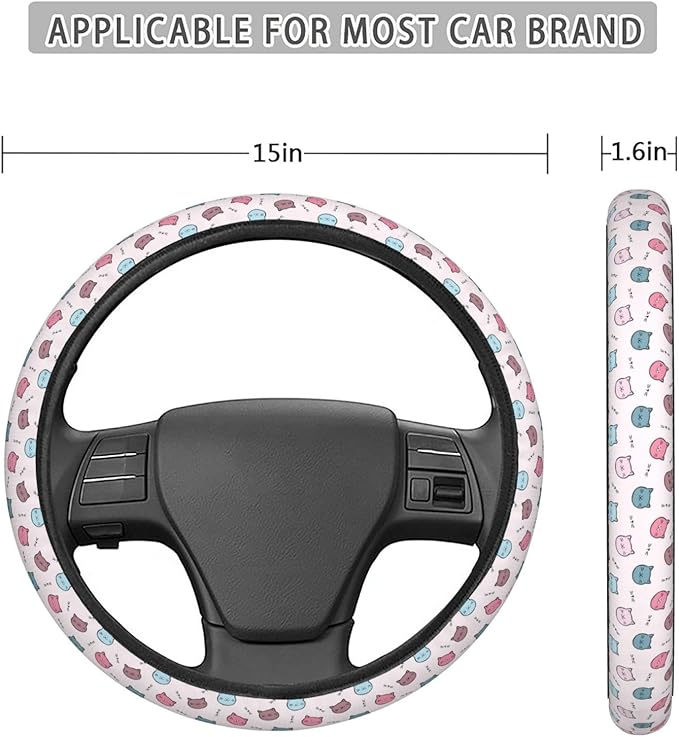 Dujiea Cartoon Cat Face Elastic Stretch Steering Wheel Cover, Anti-Slip and Durable Car Steering Wheel Accessories for Women Men, 15 Inch Universal Fit Car, Truck, SUV