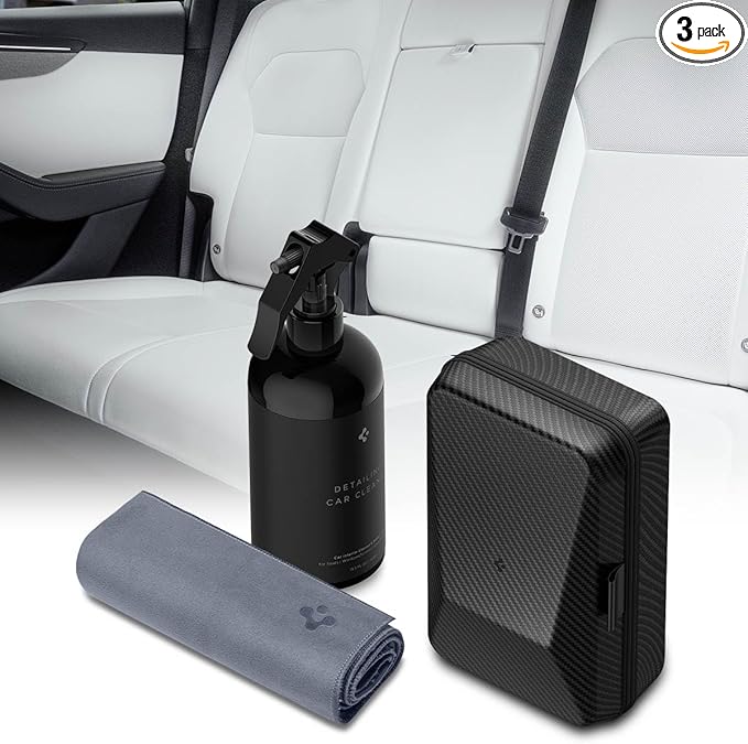 Spigen Car Interior Seat Cleaner & Stain Remover [Safe & Eco-Friendly Solution] Kit with CyberCase & Double-Sided Microfiber Towel Accessories for Tesla White/Black Leather Seats, Dashboard, Console