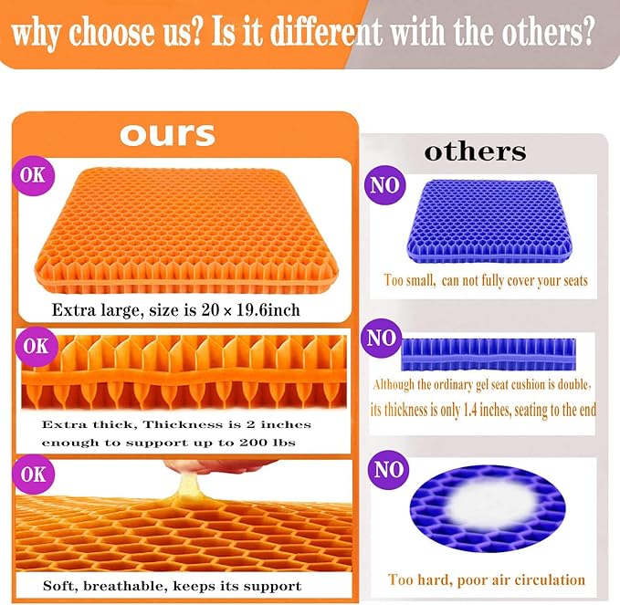 Plus Size Gel Seat Cushion, Extra Large and Thick, Seat Cushion for Pressure Relief for Back, Hip, Sciatica, Tailbone Pain, Use for The Office, Wheelchair, Car, Recliner, Truck, Trip, Stadium.(Orange)
