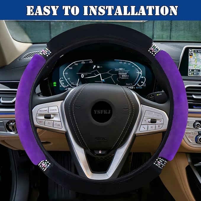 Fluffy Steering Wheel Cover, Universal 15 Inch Colorful Rhinestones Car Steering Wheel Cover, Sparkly Crystal Diamond Steering Wheel Protector for Women Girls,Purple