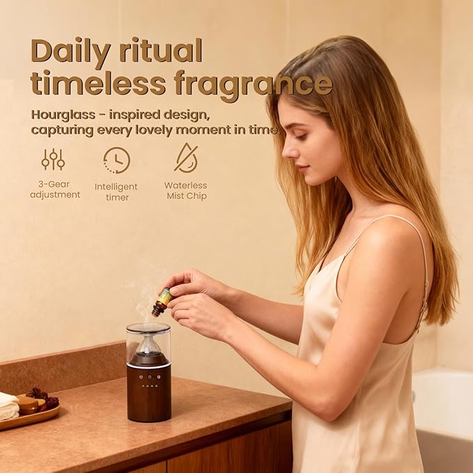 Waterless Essential Oil Nebulizing Portable Wireless Diffuser, Premium Glass and Solid Wood Aroma Diffuser for Home Office Bedroom Car, Elegant Gift Packaging with Essential Oil 10ml (Orange)