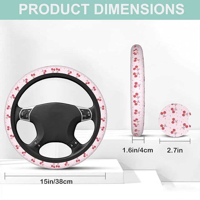 Pink Cherries and Bows Steering Wheel Cover for Women Men,Anti-Slip Breathable Car Steering Wheel Cover Elastic Protection with 2 Pieces Car Coasters,Universal 15" Fit Auto,Suvs,Truck