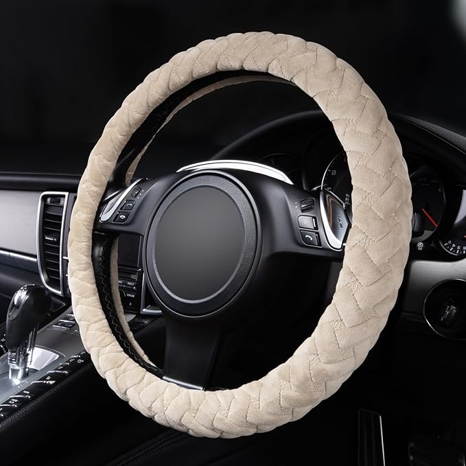 Flying Banner car Steering Wheel Cover Massage Velvet Warm Universal Size 15 inches SUV Truck Anti Slip Odorless Summer Winter (Beige, Velvet Massage)