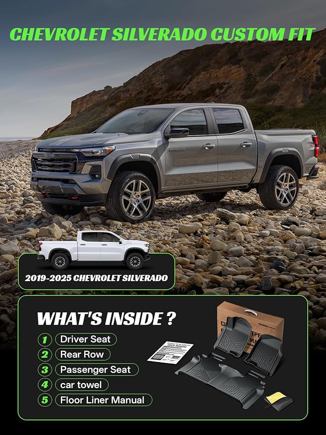 TPE All-Weather Floor Mats for Silverado 1500/ Sierra 1500 Accessories 2019-2025 & Silverado/Sierra 2500/3500 HD Crew Cab 2020-2025 Custom Fit Floor Liners (3-Piece Set, Black)