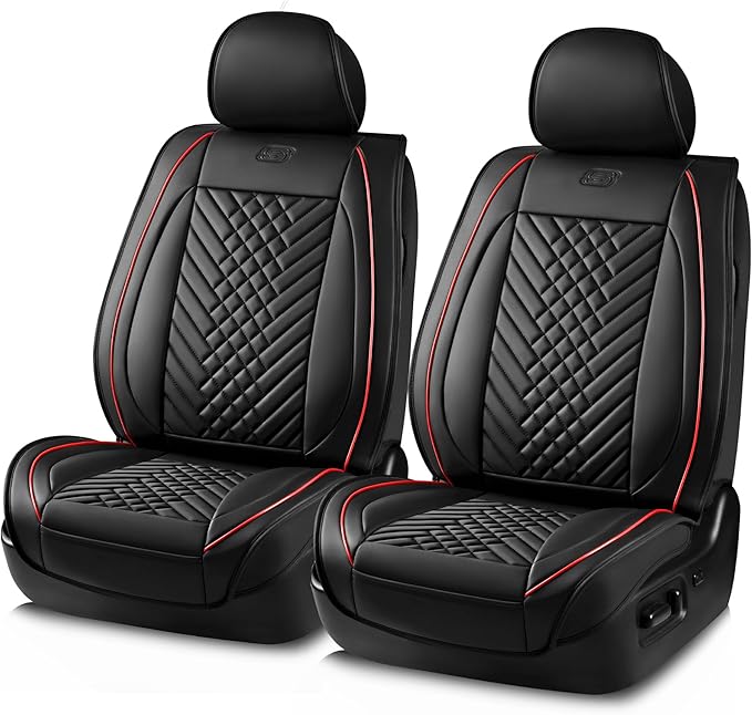 Skechers MAX Cushioning Car Seat Covers,Memory Foam Piping Leather Seat Covers,Waterproof Car Seat Protector Front Seats,Car Seat Cushion Airbag Universal Fit for Most Cars,Vans,Trucks,SUV,Red