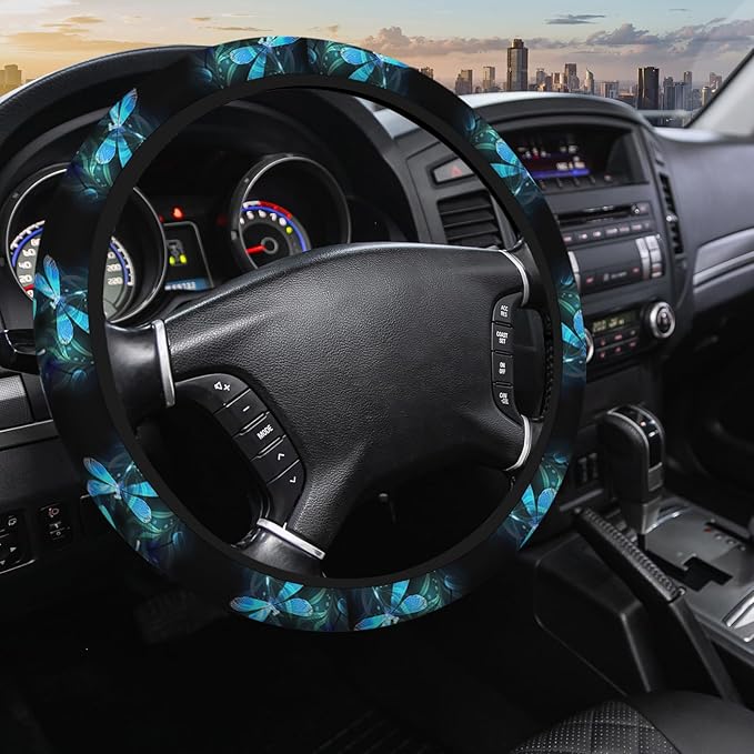Dragonfly Car Steering Wheel Cover for Women Men Blue Turquoise Dragonflies 15 Inch Universal Steering Wheel Covers Elastic Stretch Steering Wheel Cover Car Accessories