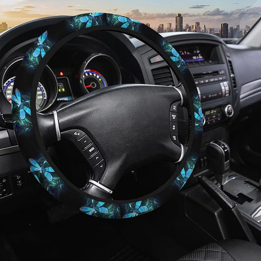 Dragonfly Car Steering Wheel Cover for Women Men Blue Turquoise Dragonflies 15 Inch Universal Steering Wheel Covers Elastic Stretch Steering Wheel Cover Car Accessories