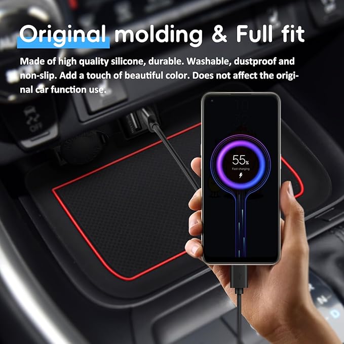 Auovo 3D Cup Holder Insert Liners Compatible with Toyota RAV4 Accessories 2025 2024 2023 2022 2021 2020 2019 Car Custom Cup Holder Mats Pads 4-pc Set (Red Trim)