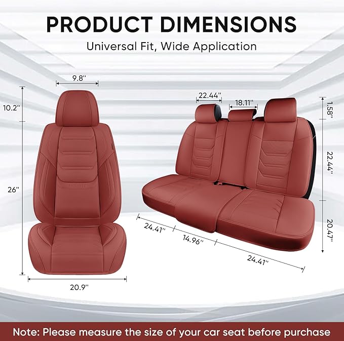 Wine Red Car Seat Covers Full Set, Breathable Leather Automotive Front and Rear Seat Covers & Headrest for Comfortable Driving, Universal Auto Interior Fit for Most Kinds of Vehicles, Cars