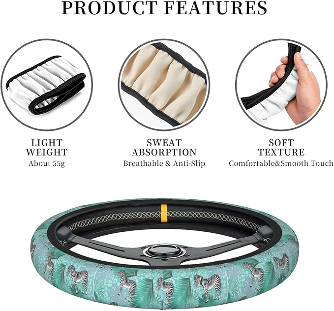Dujiea Animal Print and Tropical Leaves Elastic Stretch Steering Wheel Cover, Anti-Slip and Durable Car Steering Wheel Accessories for Women Men, 15 Inch Universal Fit Car, Truck, SUV
