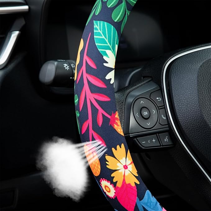 Strawberry Colorful Floral Steering Wheel Cover Auto Steering Wheel Protector, Anti-Slip, Breathable, Absorbing Sweat, Universal Floral Car Accessories 14.5–15 inch