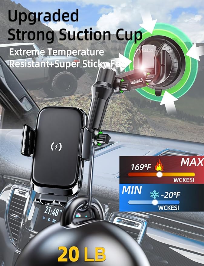 Wireless car Charger Phone Holder Mount for Truck,【10-inch Long arm 】 Pickup Truck Phone Holder Qi2 15W Fast Charging Heavy Duty Truck and Large SUV Windshield/Dashboard,for iPhone Samsung LG