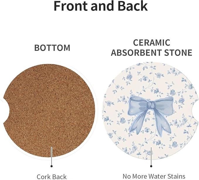 Absorbent Car Coasters for Cup Holders, 2 Pack Universal Anti Slip Ceramic Cup Coaster for Women Men 2.56 Inch Car Interior Accessories - Blue Bow Tie Flower
