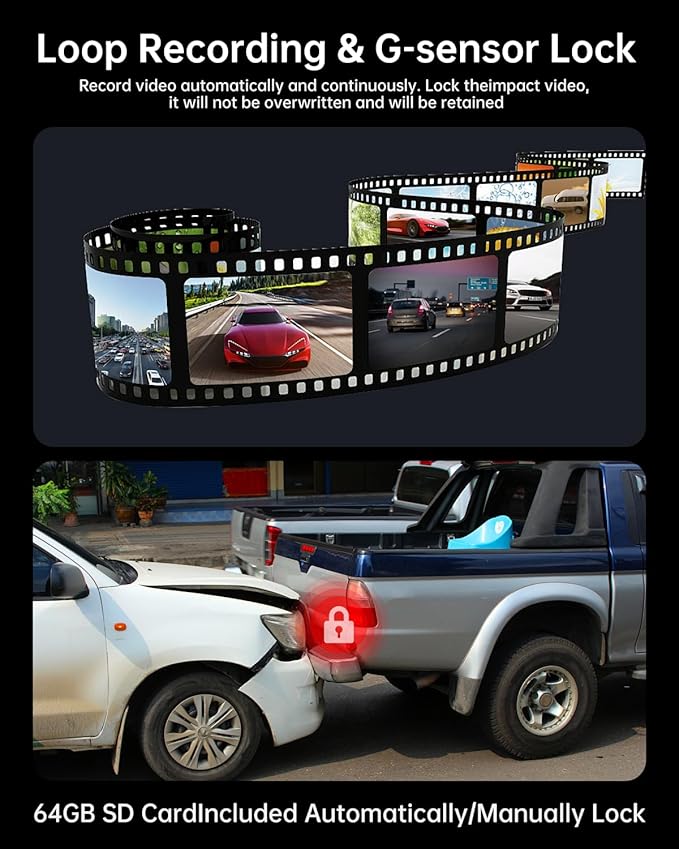 3 Channel Dash Cam Front and Rear, 1080P Dash Camera for Cars, Dashcam Three Way Triple Car Camera with IR Night Vision, Loop Recording, G-Sensor, HDR, 24 Hours Recording