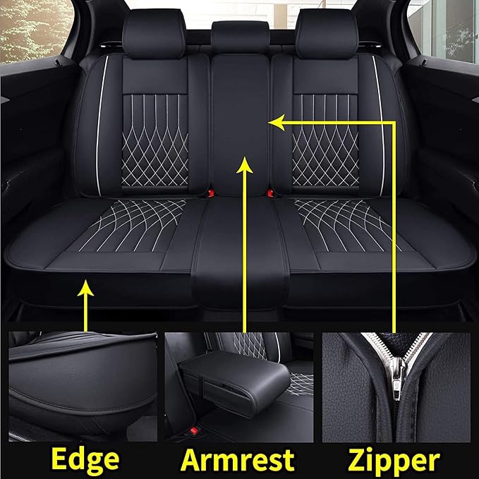 Aierxuan 5pcs Car Seat Covers Full Set with Waterproof Leather, Airbag Compatible Automotive Vehicle Cushion Cover Universal Fit for Most Cars (Black and White)