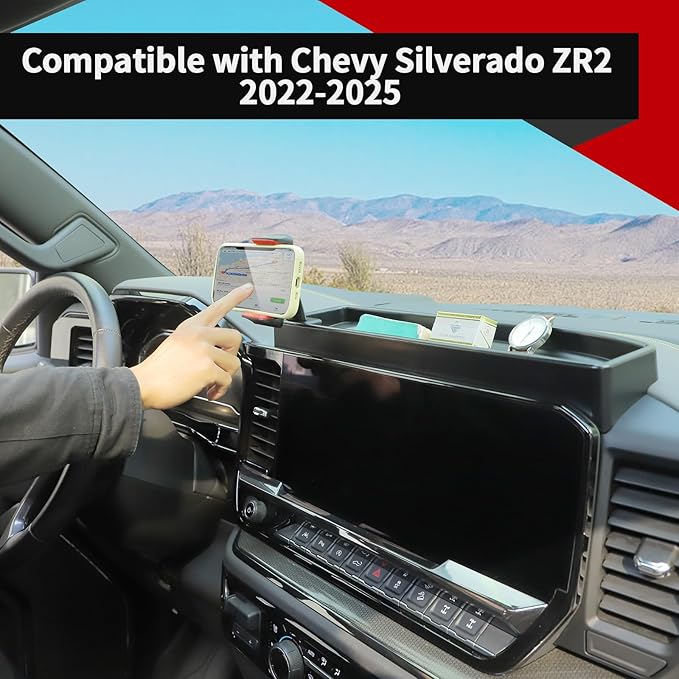 Voodonala for Chevy Silverado ZR2 Center Console Dash Storage Tray with Phone Holder Compatible with 2022-2025 Chevy Silverado ZR2 1500/ 2500HD/ 3500HD(Updated Screw Fixing)