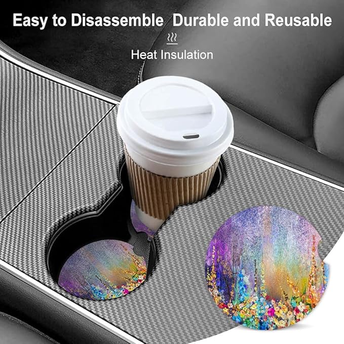 Purple Spring Floral Watercolor Absorbent Cup Holders Car Coasters,Ceramic Stone Drinks Coaster Set for Women Man 2.56"(2 Pack)