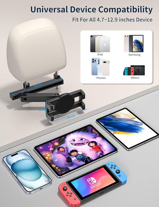 Tablet Holder for Car Headrest, [3 in 1 Adjustable Extension Arm] iPad Car Mount for Back Seat, Road Trip Essentials for Kids, for 4.7-12.9" Like iPad Pro, Air, Mini, Galaxy, Fire HD Tablet