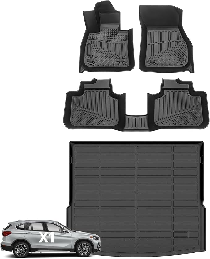 Wayhigh-for BMW X1 2016-2022 All Weather Floor Mats and Cargo Liner Set TPE Car Mats Waterproof Heavy Duty Rubber Floor Liners X1 Accessories