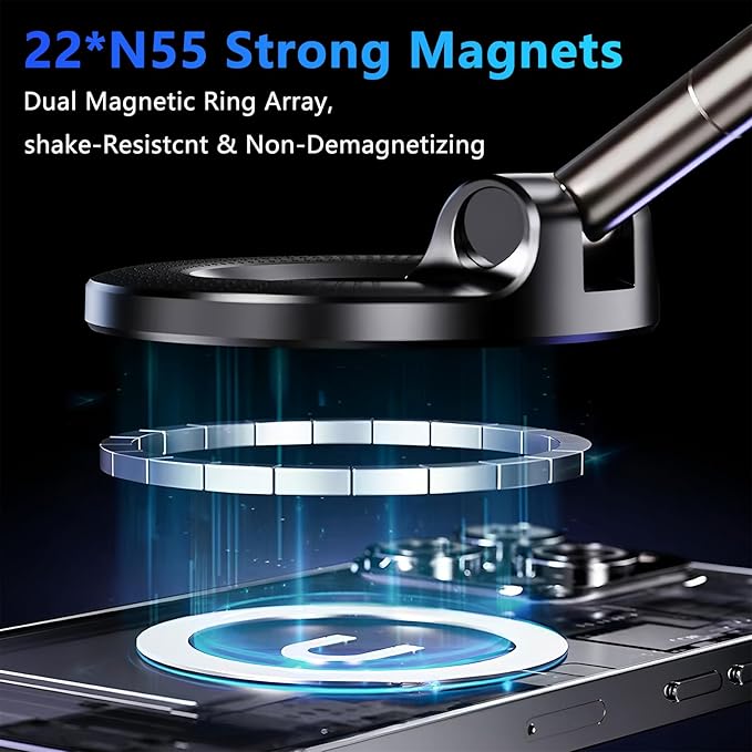 360°Adjustable Vacuum Magnetic Phone Holder for Car [96+LBS Suction & 2800gf Magnetic],Hands-Free Suction Cup Phone Mount for Magsafe,Car Mount for iPhone 17 Pro Max 16 15 14 13 and All Smartphones