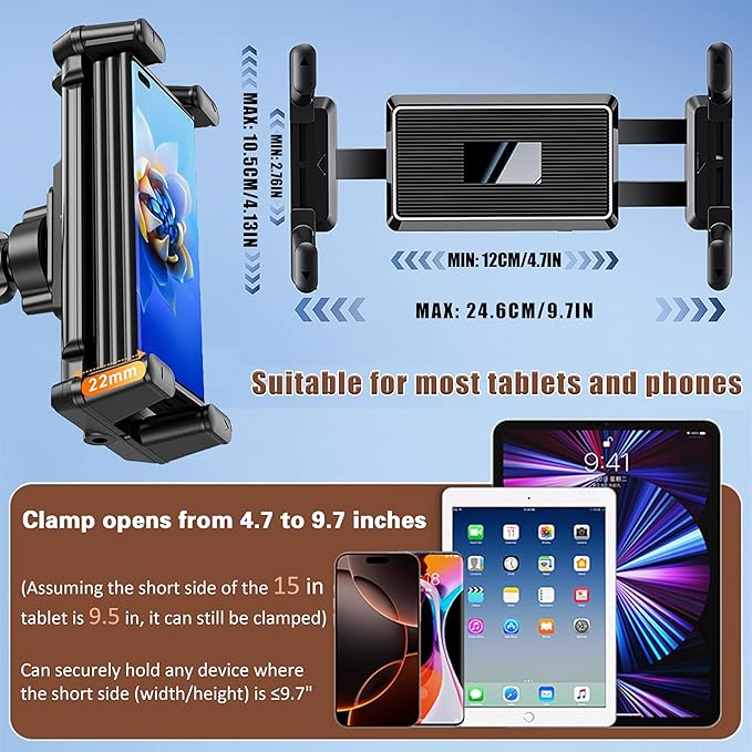 5 in 1 Tablet Holder for Car, Windshield+Dash Car iPad/Phone Mount with Strong Suction Cup & Large Clamp, for Most Phones and Tablets, for Driver & Front Passenger, Adjustable, Upgrade (Black)