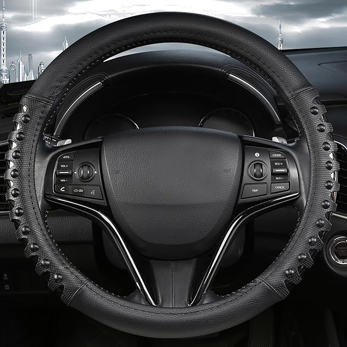 West Llama Microfiber Leather Car Steering Wheel Cover for Men Women,Universal Fit 15.5-16 inch(Leather Nails-Black-Large Size)