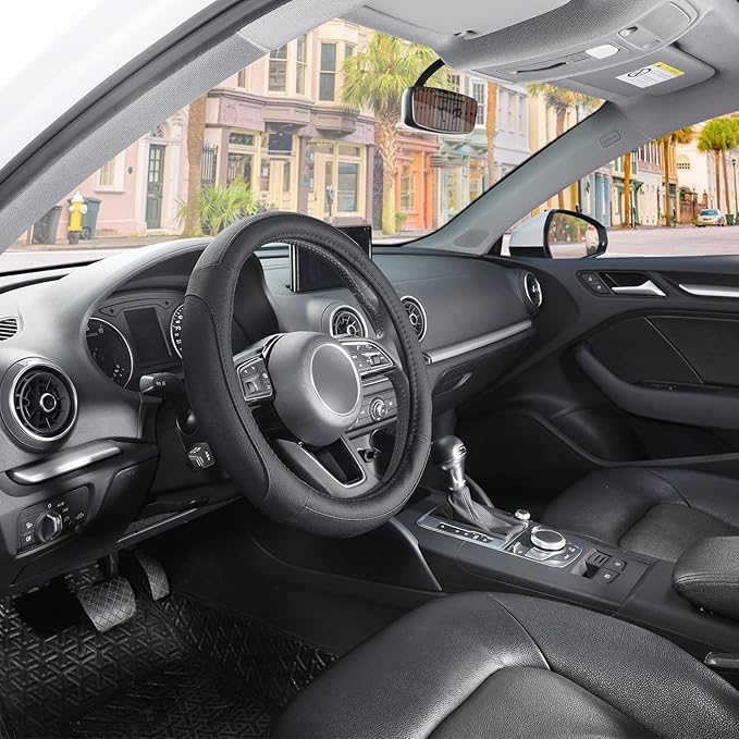 SEG Direct Car Steering Wheel Cover for Prius Civic Model 3 Model Y Camaro, Small Size 14-14.25 inch, Black Microfiber Leather