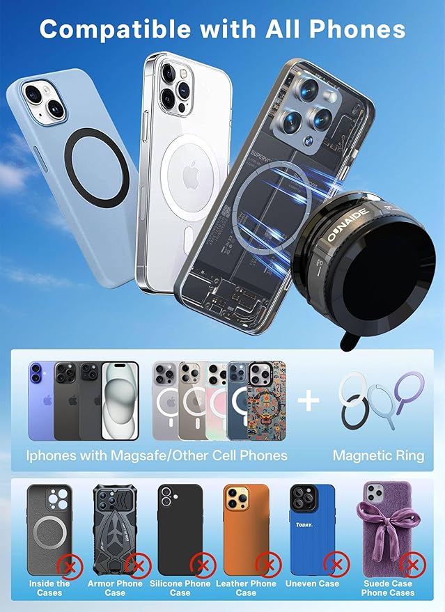360° Adjustable Magnetic Phone Holder for Car Zinc Alloy Foldable Vacuum Suction Cup Phone Mount for Magsafe Home Travel,98 LBS Ultra Accessories for iPhone 17 16 15 14 13 12 Android