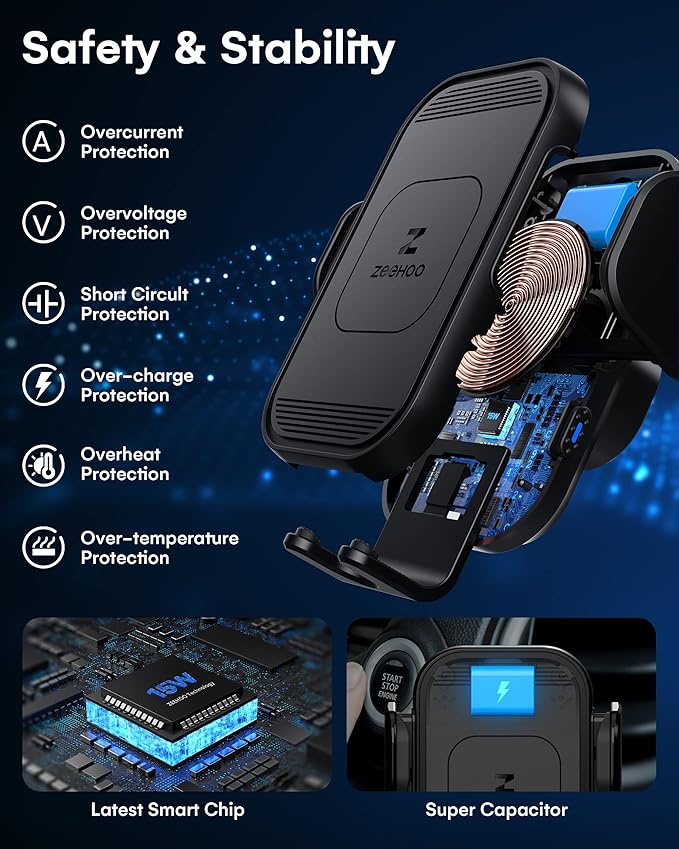 ZeeHoo Wireless Car Charger, 15w Fast Charging, Auto Clamping Car Phone Mount, Cell Phone Holder Charger, for iphone17 16 15 14 13 12 11 Pro Max Xs, Etc. (Black)