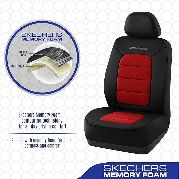 Skechers Memory Foam Seat Covers,Thick Cool Touch Fabric Car Seat Covers,Car Seat Cover Full Set,Airbag Compatible,Automotive Comfort Protection for Most Cars,Vans,Trucks,SUV,Red