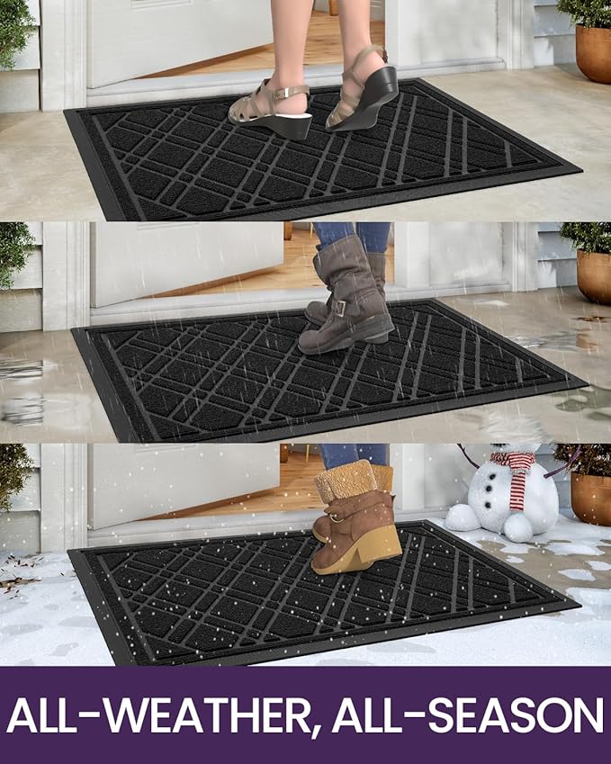 DEXI Front Door Mat Outside Entrance, All-Season Heavy Duty Rubber Doormat, Fade Resistant, Low-Profile, Easy Clean Patio Entryway, 17x29, Weave Black