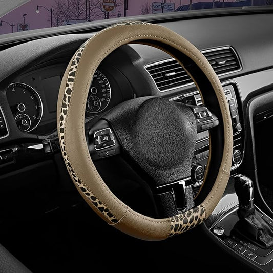 Road Comforts D-Type Steering Wheel Cover - Made with PVC Leather and Leopard Fabric - Universal Fit for 15-Inch D-Shaped Automotive Steering Wheels (Beige Color)