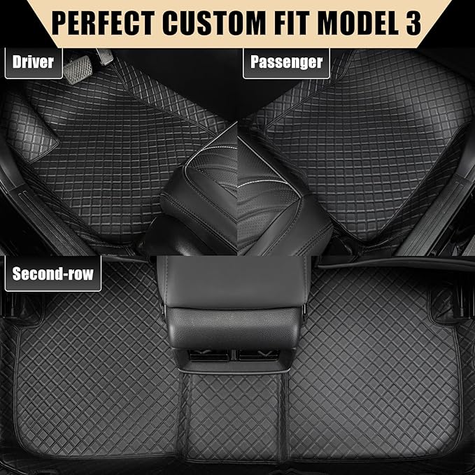 EKR Custom Floor Mats for Tesla Model 3 2024-2025, Front & 2nd Row Luxury Car Floor Mat Fit Model 3 2024 2025 - Leatherette Floor Liners (Black and Black Stitching)