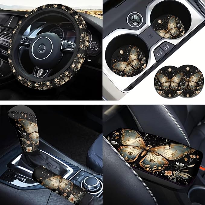 Flower Car Accessories 6 Pcs Sets Butterfly Car Steering Wheel Cars Interior Decor Handbrake Cover Cup Coaster Fit for SUV Truck Vans