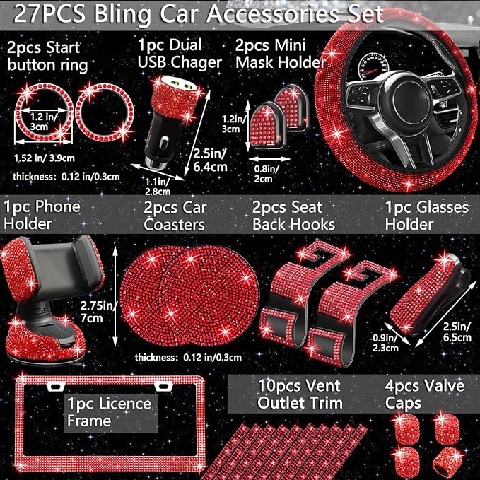 NBTEPEM 27 PCs Red Bling Car Accessories Set for Women, Steering Wheel Covers Universal Fit 15 Inch, Bling License Plate Frame, Bling Phone Holder, Bling Car Coasters (Red Diamond)