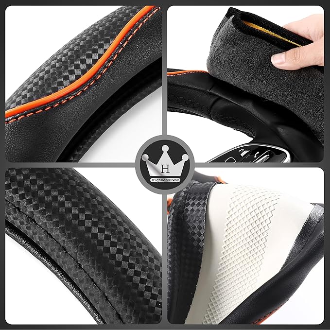 3D Car Steering Wheel Cover Comfort Grip Massage Sporty Anti-Slip Carbon Fiber Faux Leather for Sedan SUV, Universal Fit, Car Handle Covers for All Seasons, 14.75-15.15in, Orange